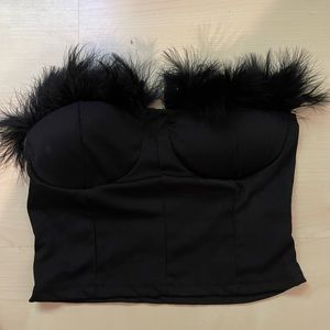 Black tube top with fuzzy trim